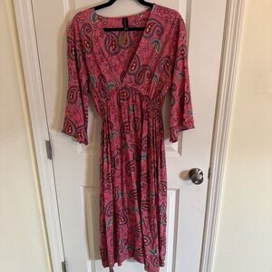 Sacred Threads Cotton Paisley Pink Women's Empire Waist Flair Sleeve Dress S Med